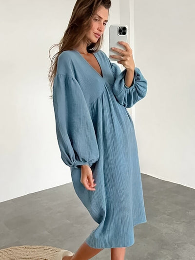 Linad Lantern Sleeve Night Dress Women Loose V Neck Sleepwear 2022 Autumn Cotton Woman Dresses Casual Pajamas Solid Elegant