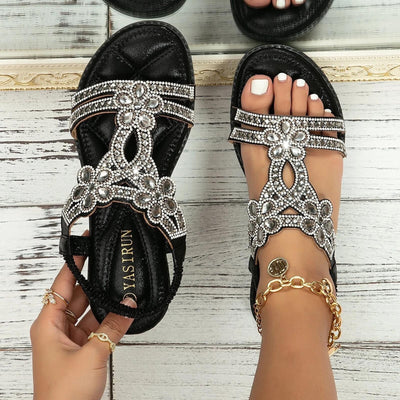 Women Rhinestone Sandals Slingback Wedges Elastic Ankle Strap Bohemian Beach Metallic Rhinestone Decor Thong Sandals Zapatos