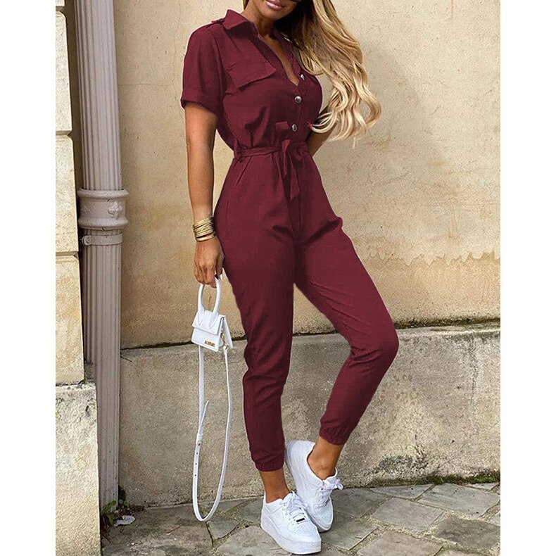 Summer  2023 Women Lapel Button Printed Belt Jumpsuit Women Elegance Short Sleeve Jump Suits for Women Overall