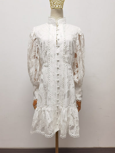 High Quality Spring Women's Fashion Designer Party Mini Dress Lantern Sleeve Gorgeous Lace Shirt Style White Print Dresses 1A264