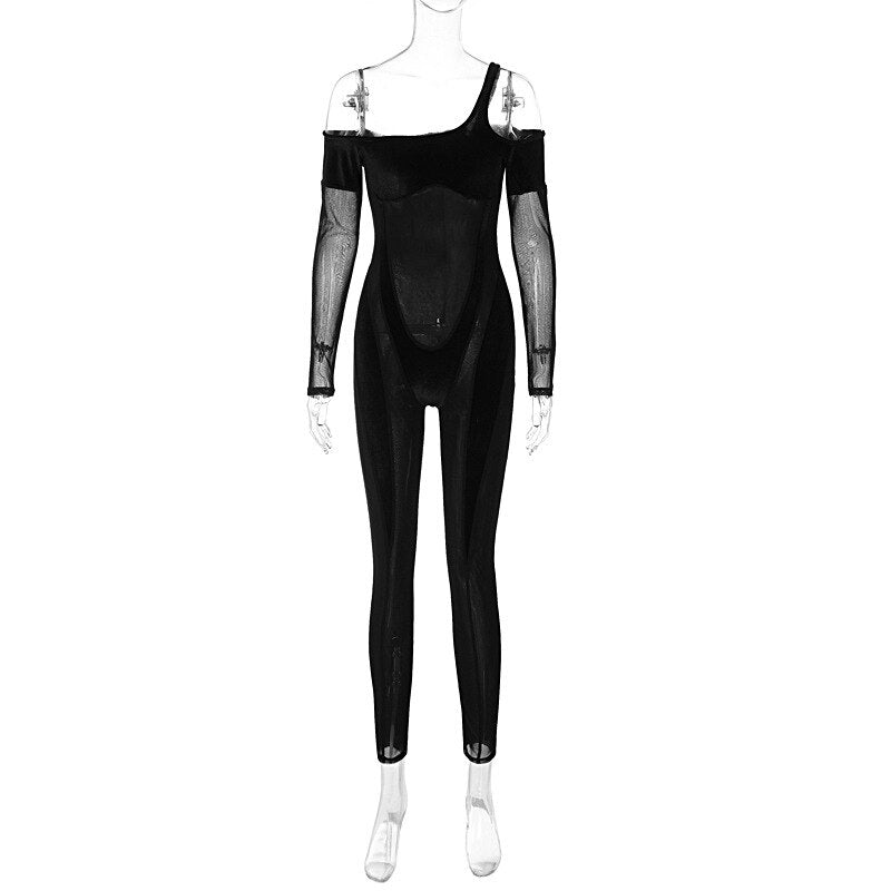 Sexy Straps Off Shoulder Long Sleeve Skinny Night Club Overalls Romper Sheer Mesh Patchwork Velvet Jumpsuit Women Jumps Suits