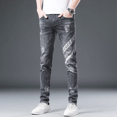 Summer High End Trendy Brand Printed Jeans Men Thin Slim Fit Skinny Trousers With Red Ears And Stretch Hand Embroidered Diamonds