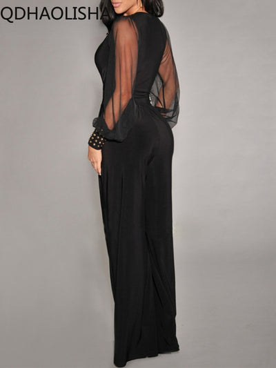 New In Black V-neck Mesh Splicing Straight One-piece Pants Jumpsuits  Sexy Streetwear  Jump Suits for Women Elegance Overalls