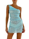 Womens One Shoulder Sequin Mini Dress Sparkly Glitter Ruched Split Bodycon Party Club Dress Swimsuit Cover Ups
