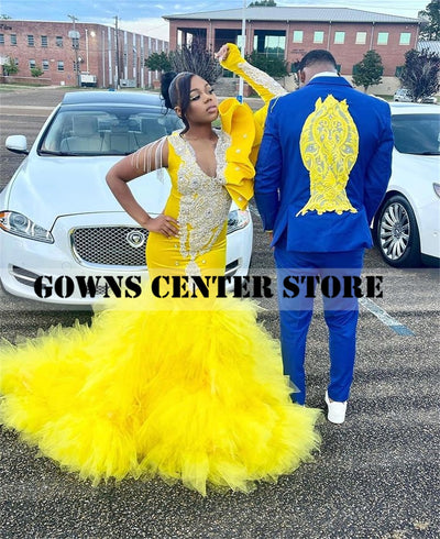 Yellow Velvet Long Sleeve Prom Dresses For Black Girls Ruffel One Shoulder Mermiad Wedding Party Gowns With Tassels Tulle Train