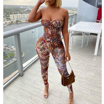 Print Off Shoulder Fashion Women Jumpsuits Sexy Lace Up Workout Active Wear Fashion Overalls One Piece Bodycon Rompers Clubwear