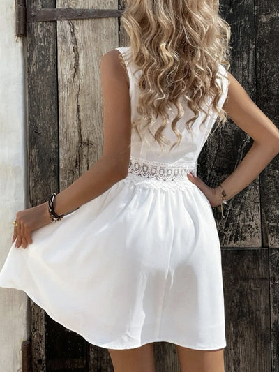 Women White Mini Dress Elegant Lace Dress Female V Neck Sleeveless Short Dress Ladies Hollow Out High Waist Dress Summer