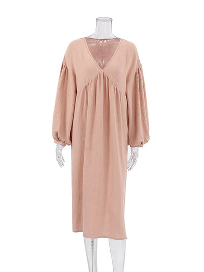 Linad Lantern Sleeve Night Dress Women Loose V Neck Sleepwear 2022 Autumn Cotton Woman Dresses Casual Pajamas Solid Elegant