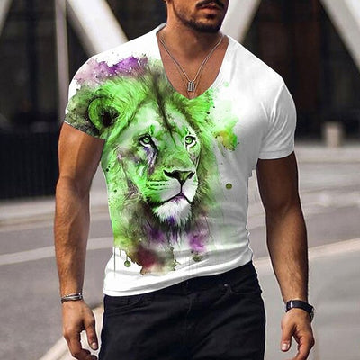 Oversized Animal T-shirt Men Black Tees Lion Print Shirts Pattern V-neck Tops Fashion Casual Short Sleeve Summer Men's Clothing