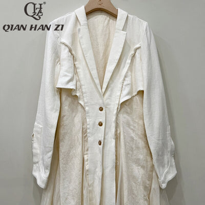 QHZ Designer Fashion Retro new Trench suit lapel long sleeved Jacquard Linen and cotton stitching large swing dress long coat