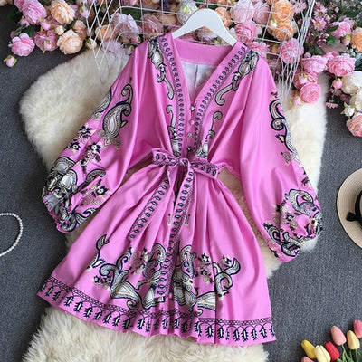 Spring Vintage Printed V-neck Long Sleeved Short Dress Retro Floral Single Breasted Waist Ribbon A-line Midi Dress
