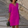 Cotton Linen Dress Vintage Casual V Neck Loose Waist Midi Beach Dress Women Clothing stitching retro solid color dress for women