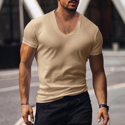 Casual Short Sleeve V Neck Slim Tee Mens Summer Leisure Pure Color Simple Basic T Shirt Men Clothes Fashion Skinny Tops Pullover
