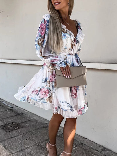 Women Hollow Out Summer Long Sleeve Dress Sexy High Waist Backless V Neck Dress Casual Ruffles Patchwork Party Dress Vestido New