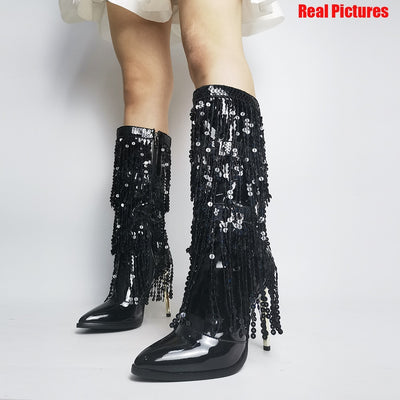 RIBETRINI Fashion Pointed Toe Fringe Sequined Mid Calf Boots For Women Zip Metallic Glitter Sexy Elegant Dress Long Shoes