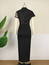 Women's Retro Black Maxi Prom Dress Female High Neck Lace Patchwork Bodycon Evening  Club Party African Gowns Sexy Slit Outfits