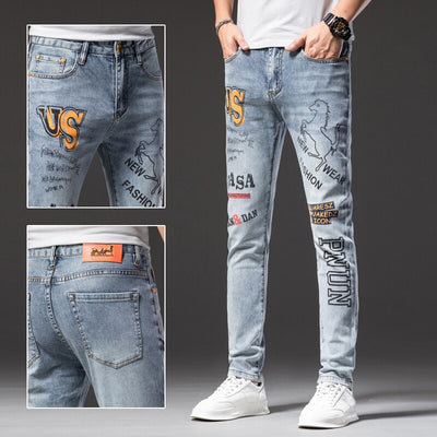 Summer High End Trendy Brand Printed Jeans Men Thin Slim Fit Skinny Trousers With Red Ears And Stretch Hand Embroidered Diamonds