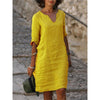 Cotton Linen Dress Vintage Casual V Neck Loose Waist Midi Beach Dress Women Clothing stitching retro solid color dress for women