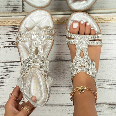 Women Rhinestone Sandals Slingback Wedges Elastic Ankle Strap Bohemian Beach Metallic Rhinestone Decor Thong Sandals Zapatos