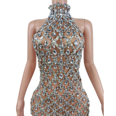Sparkle Crystal Sequin Short Prom Dress Mesh Transparent Sexy Backless Birthday Party Prom DressDrag Queen Costume Y2301009