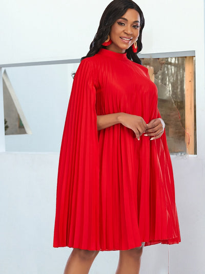 African Women Oversized Party Dress Pleat Loose Short Dresses Cloak Sleeve Mock Collar Large Female Birthday Robes for Summer