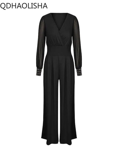 2023 New Black V-neck Mesh Splicing Straight One-piece Pants Jumpsuits  Sexy Streetwear  Jump Suits for Women Elegance Overalls