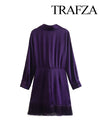 TRAFZA 2023 Women New Fashion At Home Clothing Purple V-Neck Tassel Ornament Long Sleeve Zipper Female Chic Coat Dresses