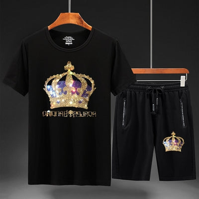 Crown 2023 Men Clothing Rhinestones Sportswear Suits Fitness Short Mens Track Suit Set 2 Pieces Casual Jogger Sets Plus Size 7XL