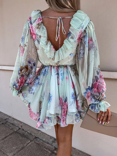 Women Hollow Out Summer Long Sleeve Dress Sexy High Waist Backless V Neck Dress Casual Ruffles Patchwork Party Dress Vestido New