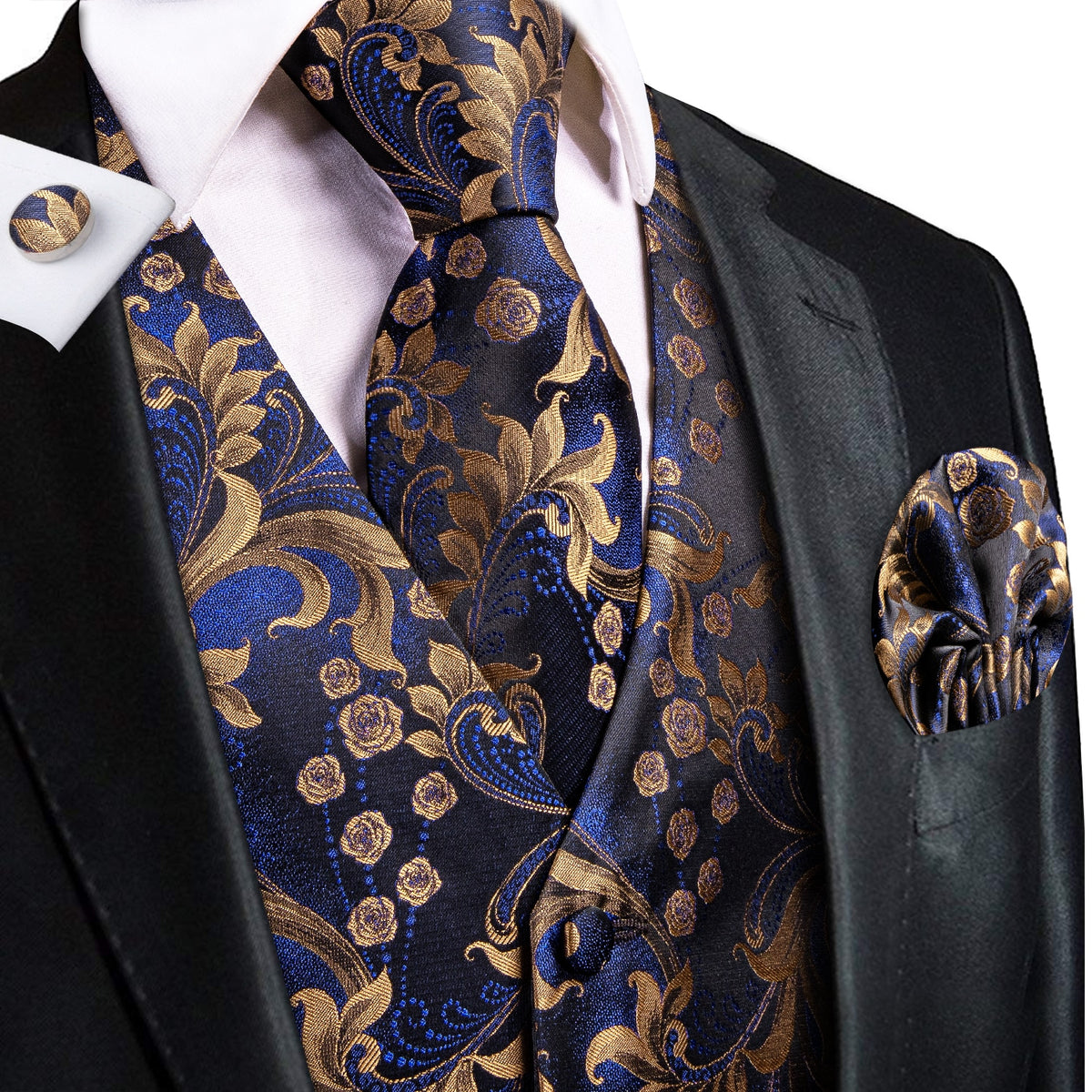 Hi-Tie 100% Silk Ivory Beige Champagne Gold Mens Vests Tie Hankerchief Cufflinks Set Jacquard Vine Waistcoat for Men Suit Dress