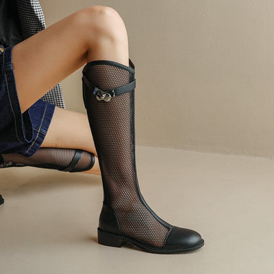 2022 Women Knee High Boots Patent Leather Mesh Hollow Zipper Mid Chunky Heel Soild Pointed Toe Autumn Lady Shoes Bota Feminina