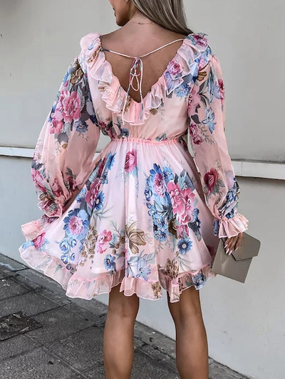 Women Hollow Out Summer Long Sleeve Dress Sexy High Waist Backless V Neck Dress Casual Ruffles Patchwork Party Dress Vestido New
