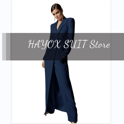 Women's Suits 2 Pieces Elegant Double Breasted Long Coat Women Slim Fit Party Dress Blazer Pants