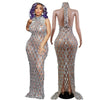 Sparkly Silver Big Rhinestone Transparent Long Dress Evening Birthday Celebrate Luxurious Costume Dancer Flashing Prom Dress