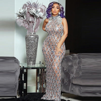 Sparkly Silver Big Rhinestone Transparent Long Dress Evening Birthday Celebrate Luxurious Costume Dancer Flashing Prom Dress