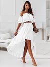 Summer Elegant Ruffle Backless Two Piece Set Women Outftis 2022 Sexy Slash Neck Puff Sleeve Strapless Casual Ladies Dresses Robe