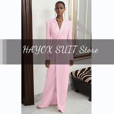 Women's Suits 2 Pieces Elegant Double Breasted Long Coat Women Slim Fit Party Dress Blazer Pants