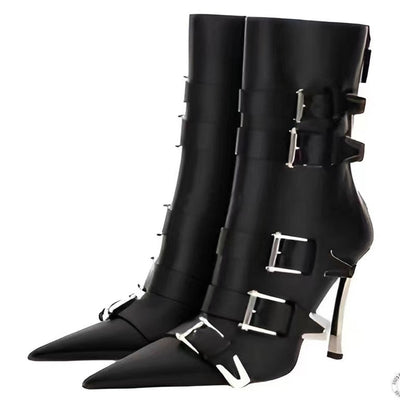 High Quality Women's Boots Autumn and Winter New Metal Thin High Heel Belt Buckle Night Spot Stage Show Shoes Party Boots