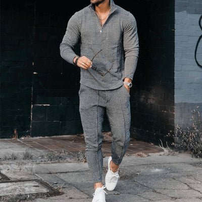 Men's Textured Suit Long Sleeve Polo and Track Pants Fashion Casual Zip Stand Collar Suit