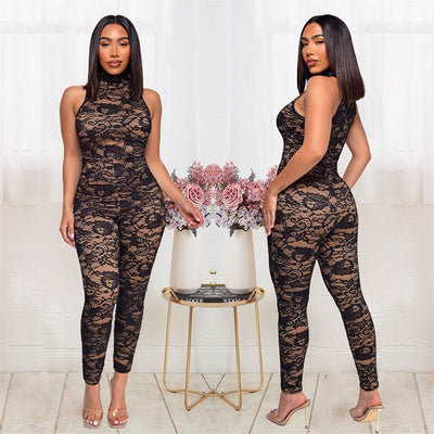 Slim Sleeveless High Neck Skinny Carved Lace Jumpsuit Playsuit for Women 2023 Fashion Sexy Skinny Woman Ladies Jump Suit Overall