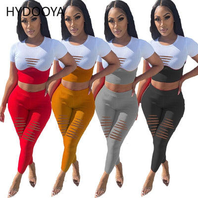 Women Sporty Active Wear Matching Sets Short Sleeve Patchwork Top Tees and Hollow Leggings 2 Two Piece Workout Outfits Sportwear