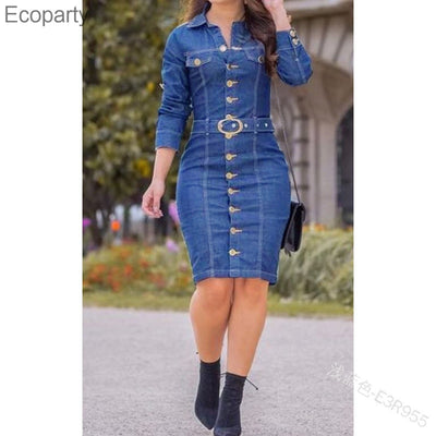 Women Dress Sexy Slim Retro Multi-button Decoration Lapel Dresses Lady Fashion Single-breasted Long-sleeve Denim Goddess Dresses