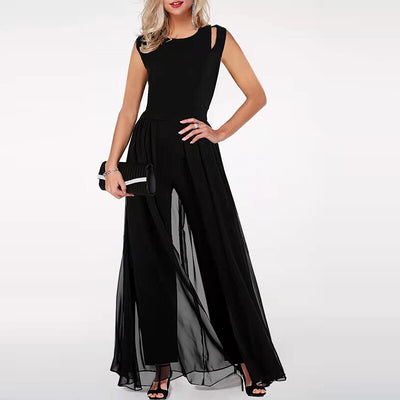 2023 Fashion Sleeveless Hollow Milk Silk Dress Women's Spliced Slim Fit Wide Leg Pants New Summer O-Neck Solid Color jumpsuit