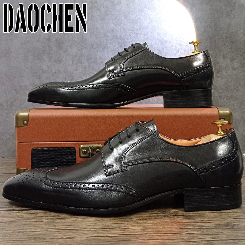 Luxury Brand Men Leather Shoes Lace Up Pointed Toe Mixed Colors Brogues Oxford Mens Dress Shoes Wedding Office Formal Shoes Men