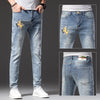 Summer High End Trendy Brand Printed Jeans Men Thin Slim Fit Skinny Trousers With Red Ears And Stretch Hand Embroidered Diamonds