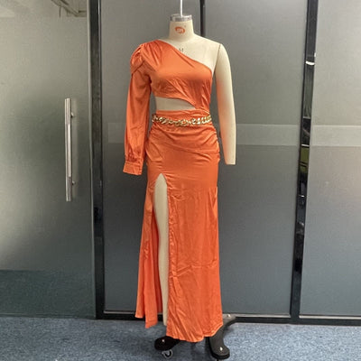 MECOCICI Women Maxi Dress Fashion Solid Lnclined Shoulder Puff Long Sleeves Leaky Waist Pleated Evening Dresses High Streetwear