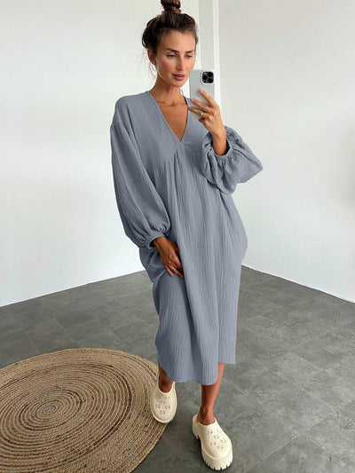 Linad Lantern Sleeve Night Dress Women Loose V Neck Sleepwear 2022 Autumn Cotton Woman Dresses Casual Pajamas Solid Elegant