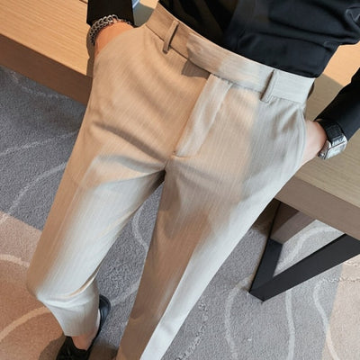 2023 Men High Quality Stripes Business Suit Trousers/Male Slim Fit Pure color Suit Trousers Casual Formal Mens Dress Pants 38