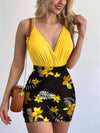 2022 Summer Elegant Floral Slim Mini Sets Women Fashion Sexy Deep V-neck Spaghetti Strap bodysuit + Skirt Woman Party Set Dress