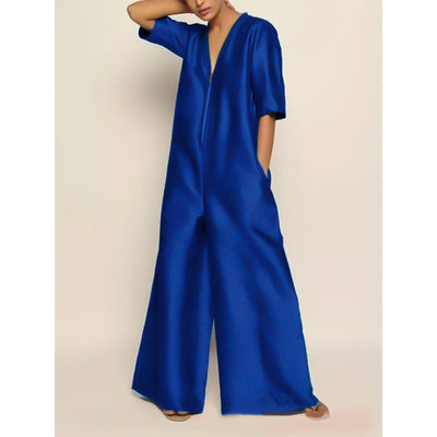 Uoozee 2023 Summer New Fashion Solid Color Loose Jumpsuit Half Sleeves V-Neck Wide Leg Pants Casual Jump Suits For Women